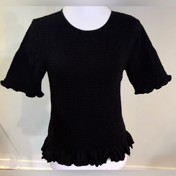 NWT, Ann Taylor Smocked Ruffle Trimmed Short Sleeve Shirt, Black, Size XS - Picture 3 of 8